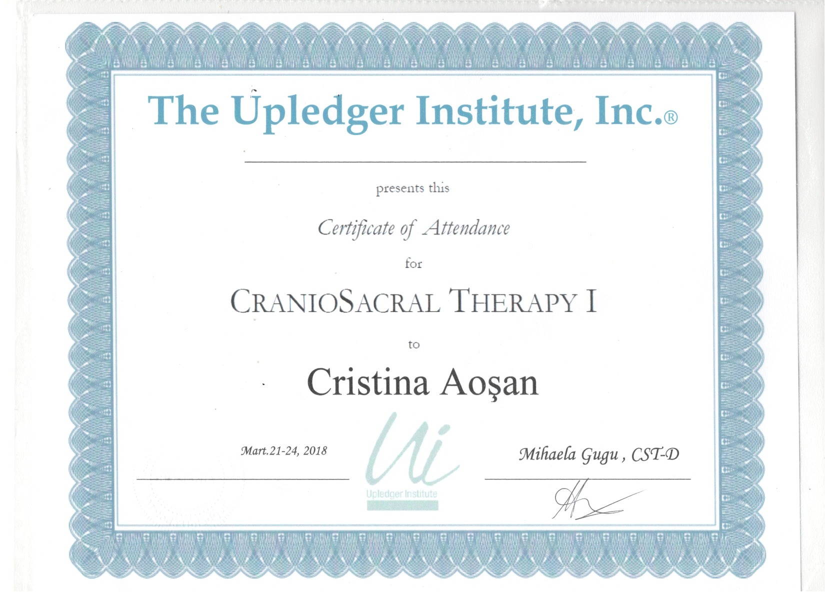 Certificat Uplegder Institute-terapie cranio sacrala