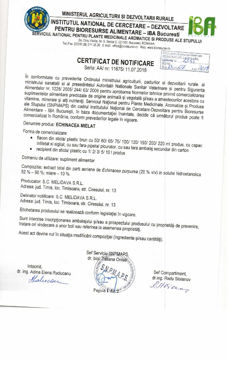 Certificat Echinacea Mielat (tinctura de echinacea cu miere)