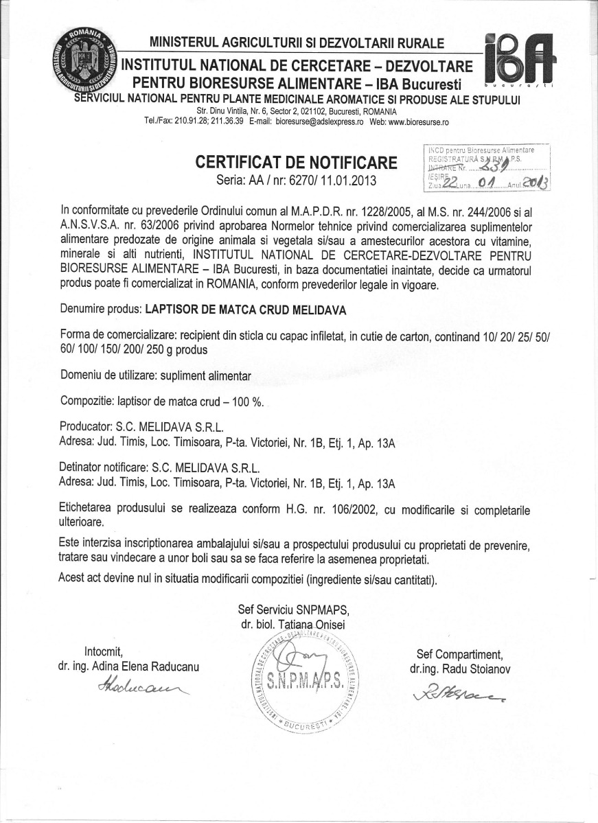 Certificat laptisor de matca crud Melidava